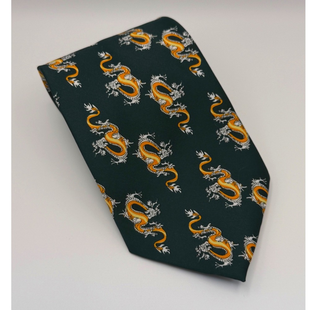 Kailong Silk Tie 3.75" Green Orange Chinese Dragon Mythical Chinoiserie Vintage